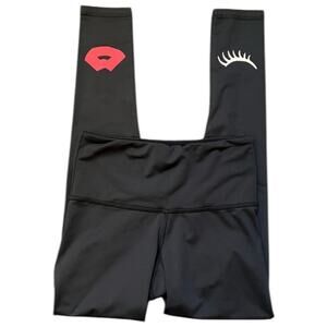 Strut-This Black Leggings with Red Lips and White Eyelashes Accents - L
